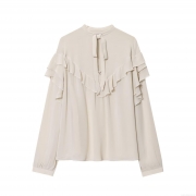 Women's Elegant Ruffle Chiffon Blouse Long Sleeve V Neck Tie Front Layered Solid Color Beige Shirt Top For Office Streetwear