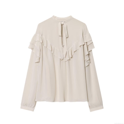 Women's Elegant Ruffle Chiffon Blouse Long Sleeve V Neck Tie Front Layered Solid Color Beige Shirt Top For Office Streetwear