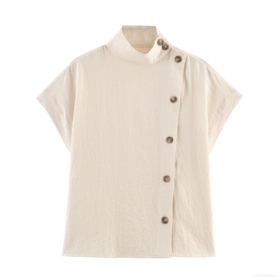 Women's Blouse Shirt Minimalist Stand Collar Short Sleeve Contrast Buttons Side Single Breasted Solid Color Casual Daily Work Office Street Western Style Top
