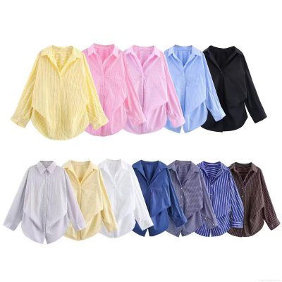 Women's European Style Striped Blouse Loose Long Sleeve Turn-down Collar Shirt With Pocket Asymmetric Hem Casual Streetwear Polyester Top
