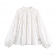 Women's Sweet Elegant Combed Cotton Blouse With Embroidery Ruffle High Neck Puff Sleeve Loose Pleated Solid White Casual Shirt Top