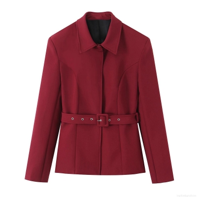 Women's Elegant Slim Fit Blazer Jacket With Waistband Long Sleeve Lapel Hidden Button Wine Red Solid Color Office Suiting Outerwear Formal Party Blazer For Ladies