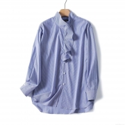 Women's Long Sleeve Shirt 100% Cotton Blue White Vertical Striped Ruffle Mock Neck Blouse French Style Button Down Casual Office Tops