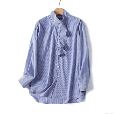 Women's Long Sleeve Shirt 100% Cotton Blue White Vertical Striped Ruffle Mock Neck Blouse French Style Button Down Casual Office Tops