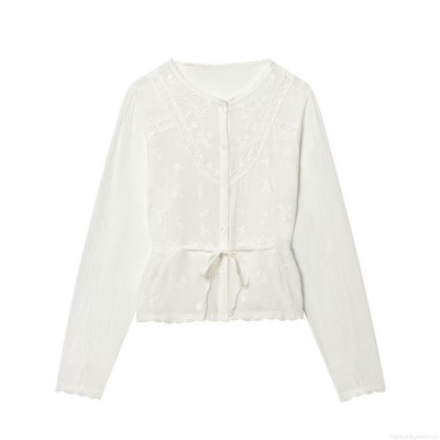 Women White Lace Embroidered Long Sleeve Blouse Elegant Floral Embroidery Button Up Shirt With Drawstring Waist Sweet French Style Casual Tops
