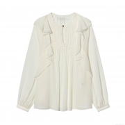 Women Fashion Ruffle Chiffon Blouse Long Sleeve Pleated Layered Decoration Top Korean Casual Round Neck Pullover Shirt For Office Dating Ladies Clothing