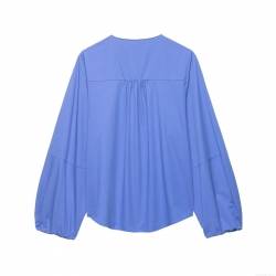 Women's Minimalist Solid Color Round Neck Long Lantern Sleeve Blouse Loose Fit 100% Polyester Woven Top With Back Pleats And Hidden Zipper Casual Commute Style