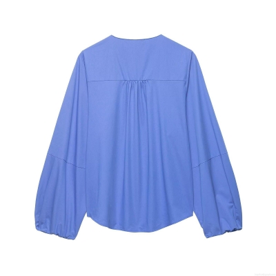 Women's Minimalist Solid Color Round Neck Long Lantern Sleeve Blouse Loose Fit 100% Polyester Woven Top With Back Pleats And Hidden Zipper Casual Commute Style