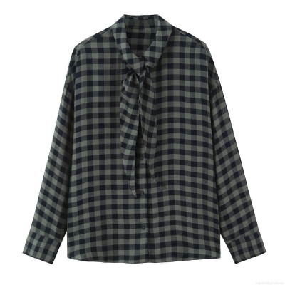 Women's Casual Plaid Tie Neck Blouse Shirt Loose Fit Polyester Blend Long Sleeve Single Breasted Top for Office Daily Wear