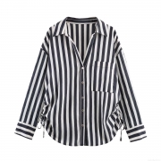 Women Vertical Striped Long Sleeve Button Down Blouse Side Drawstring Lapel Shirt Casual Loose Commuter Tops Office Wear Fashion Outfits
