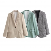 Women's Fashion Loose Single Button Blazer Jacket Elegant Notch Lapel Long Sleeve Casual Office Suit For Ladies Polyester Solid Houndstooth Outerwear