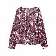 Women's Elegant Floral Print Long Sleeve Blouse Polyester Spandex Ruffle Neck Tie Casual Pullover Top Autumn Fashion Shirt
