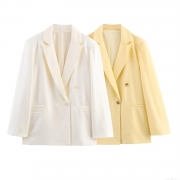 Women's Minimalist Linen Blended Blazer Suit Jacket Long Sleeve Lapel Professional Commute Outerwear With Pockets Solid Color Office Wear For Women