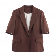 Women's Short Sleeve Blazer Jacket Linen Blend Single Breasted Notch Lapel Solid Color Commuter Elegant Suit Top For Work Office
