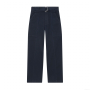 Women's Fashion Casual Cargo Pants With Belt High Waist Deep Blue Twill Straight Leg Trousers Multi Pockets Streetwear Lady Utility Work Pants