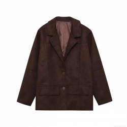 Women's Faux Suede Blazer Jacket Elegant Lapel Long Sleeve Single Breasted Solid Color Outerwear For Commuting Office Fall Fashion Coat