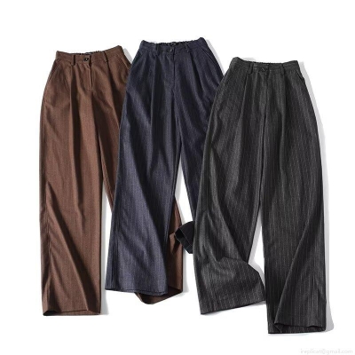 Women's High Waist Pinstripe Wide Leg Pants Elegant Office Work Straight Trousers Casual Rayon Blend Loose Trousers Grey Navy Coffee