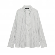 Women's Elegant Black And White Striped Long Sleeve Shirt With Bow Tie Neck Button Down Poplin Blouse Tops For Office Date Ladies Casual Fashion