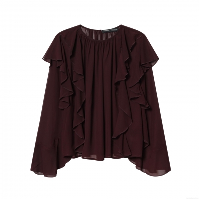 Women's Elegant Ruffle Long Sleeve Chiffon Blouse Fashion Solid Color Pullover Top For Daily Office Lady Style Burgundy Coffee Shirt