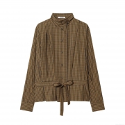Women's Plaid Long Sleeve Blouse Shirt Polyester Retro Bow Tie Waist Button Down Stand Collar Casual Elegant Tops For Ladies