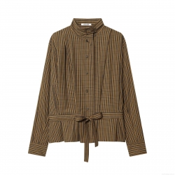 Women's Plaid Long Sleeve Blouse Shirt Polyester Retro Bow Tie Waist Button Down Stand Collar Casual Elegant Tops For Ladies