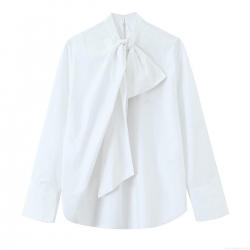 Women Elegant Bow Tie Neck White Blouse Long Sleeve Solid Color Polyester Shirt Office Commute Tops Sweet Casual Button Up Blouse For Women