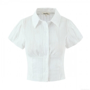 Women's Puff Short Sleeve Jacquard Textured Polo Shirt Elegant Slim Fit Single Breasted Striped White Blouse Summer Top For Dating Party