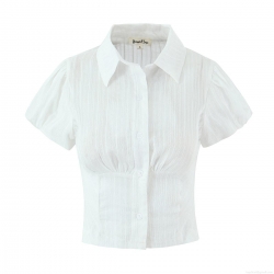 Women's Puff Short Sleeve Jacquard Textured Polo Shirt Elegant Slim Fit Single Breasted Striped White Blouse Summer Top For Dating Party