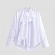Women's Elegant Solid Color Long Sleeve Blouse With Large Bow Tie Stand Collar 100% Polyester Casual Office Work Shirt For Ladies