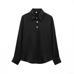 Women Elegant Satin Blouse Shirt With Gold Decorative Flower Buttons Long Sleeve Silk Like Texture Tops For Commuting Dating Office Lady Chic Solid Color Shirt