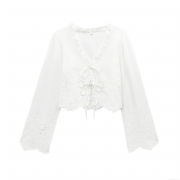 Women's White Eyelet Embroidery Long Sleeve V-Neck Blouse Elegant Ruffle Tie-Front Cropped Cardigan Sweet Hollow-Out Polyester Shirt For Dating Party
