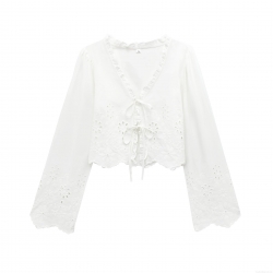 Women's White Eyelet Embroidery Long Sleeve V-Neck Blouse Elegant Ruffle Tie-Front Cropped Cardigan Sweet Hollow-Out Polyester Shirt For Dating Party