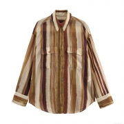 Women's Striped Long Sleeve Blouse Casual Button Down Shirt Vintage Polyester Turn-down Collar Loose Fit Tops for Women Work Office Daily Wear Brown Patchwork