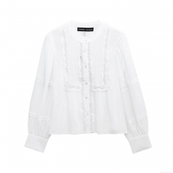 Elegant Women Tencel White Blouse Lace Patchwork Pleated Long Sleeve Shirt Top with Buttons Office Lady Casual Chic Sweet Top