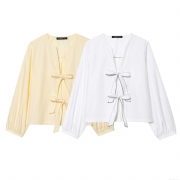 Women's Elegant Long Sleeve Bow Tie Front Poplin Blouse Solid Color Sweet Polyester Shirt For Office Daily Casual Wear