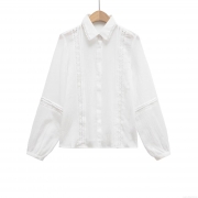 Women's White Lace Hollow Out Long Sleeve Shirt Elegant Cotton Blend Embroidery Blouse Ruffle Collar Button Down Top For Office Daily Casual Sweet Chic Ladies Tops