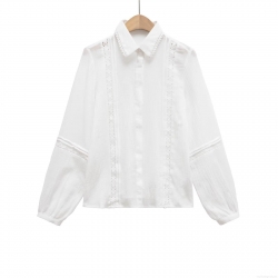 Women's White Lace Hollow Out Long Sleeve Shirt Elegant Cotton Blend Embroidery Blouse Ruffle Collar Button Down Top For Office Daily Casual Sweet Chic Ladies Tops