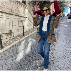 Women's Houndstooth Blazer Jacket Vintage Velvet Patchwork Notched Lapel Short Woolen Coat Casual Sophisticated Office Outerwear