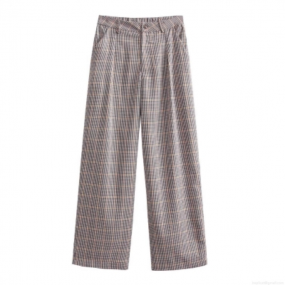 Women's Retro High Waist Plaid Wide Leg Pants Casual Woven Polyester Full Length Trousers Retro British Style Plaid Straight Trousers For Daily Streetwear