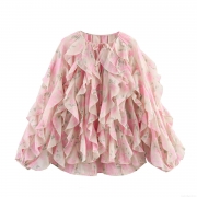 Women's Pink Floral Chiffon Blouse Elegant Multi Layer Ruffle Long Sleeve Shirt Sweet Tie Neck Pullover Top for Ladies Casual Dating Spring Autumn Fashion