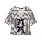 Women's Navy White Striped V-Neck Puff Sleeve Blouse Sweet Short Sleeve Top With Bow Tie Front Seersucker Polyester Shirt For Daily Casual Vacation