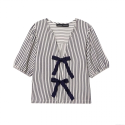 Women's Navy White Striped V-Neck Puff Sleeve Blouse Sweet Short Sleeve Top With Bow Tie Front Seersucker Polyester Shirt For Daily Casual Vacation