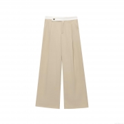 Women's High Waist Wide Leg Trousers Contrast Color Patchwork Waistline Polyester Casual Straight Leg Pants Office Lady Streetwear Khaki