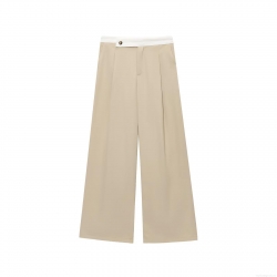 Women's High Waist Wide Leg Trousers Contrast Color Patchwork Waistline Polyester Casual Straight Leg Pants Office Lady Streetwear Khaki