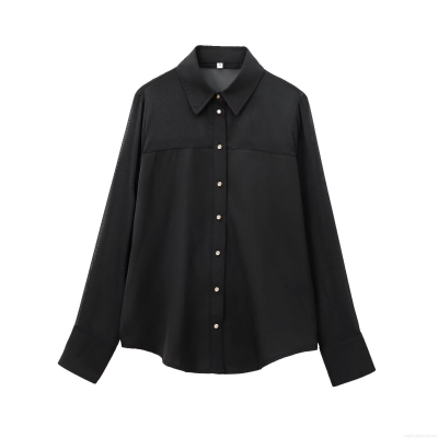 Women's Fashion Black Long Sleeve Shirt With Sheer Organza Patchwork Gold Buttons Casual Elegant Blouse For Dating Party Office Ladies