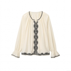 Women Vintage Embroidered Blouse Cotton Linen Blend Long Sleeve Round Neck Shirt Ruffle Cuff Loose Casual Top Cream Off-White