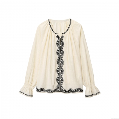 Women Vintage Embroidered Blouse Cotton Linen Blend Long Sleeve Round Neck Shirt Ruffle Cuff Loose Casual Top Cream Off-White