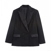 Women's Elegant Double Breasted Blazer Satin Patchwork Peak Lapel Suit Jacket Long Sleeve Solid Color Slim Fit Outerwear for Office Work Fashion