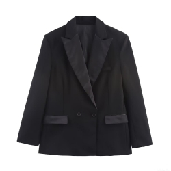 Women's Elegant Double Breasted Blazer Satin Patchwork Peak Lapel Suit Jacket Long Sleeve Solid Color Slim Fit Outerwear for Office Work Fashion