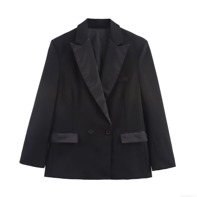 Women's Elegant Double Breasted Blazer Satin Patchwork Peak Lapel Suit Jacket Long Sleeve Solid Color Slim Fit Outerwear for Office Work Fashion